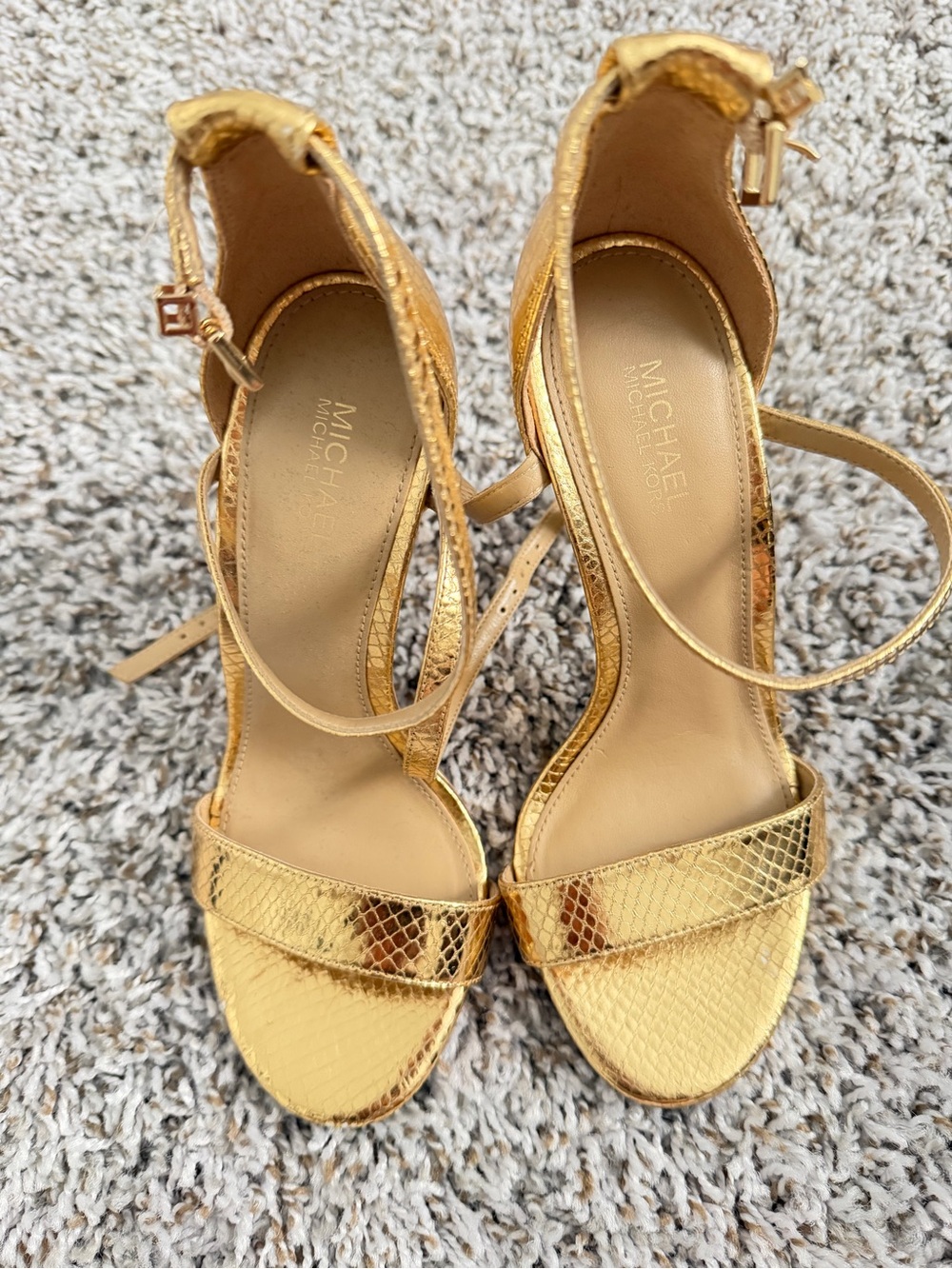 Michael Kors Gold Metallic Snake-Embossed Strappy Heels